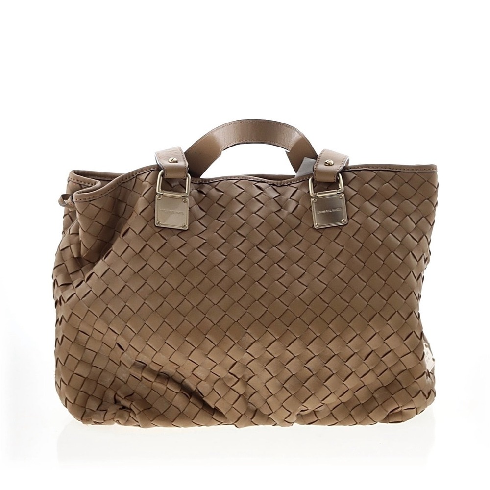 Michael Kors Vtg Woven Leather Tote Bag Taupe Brown Silver Hardware Shoulder Bag - Picture 3 of 3